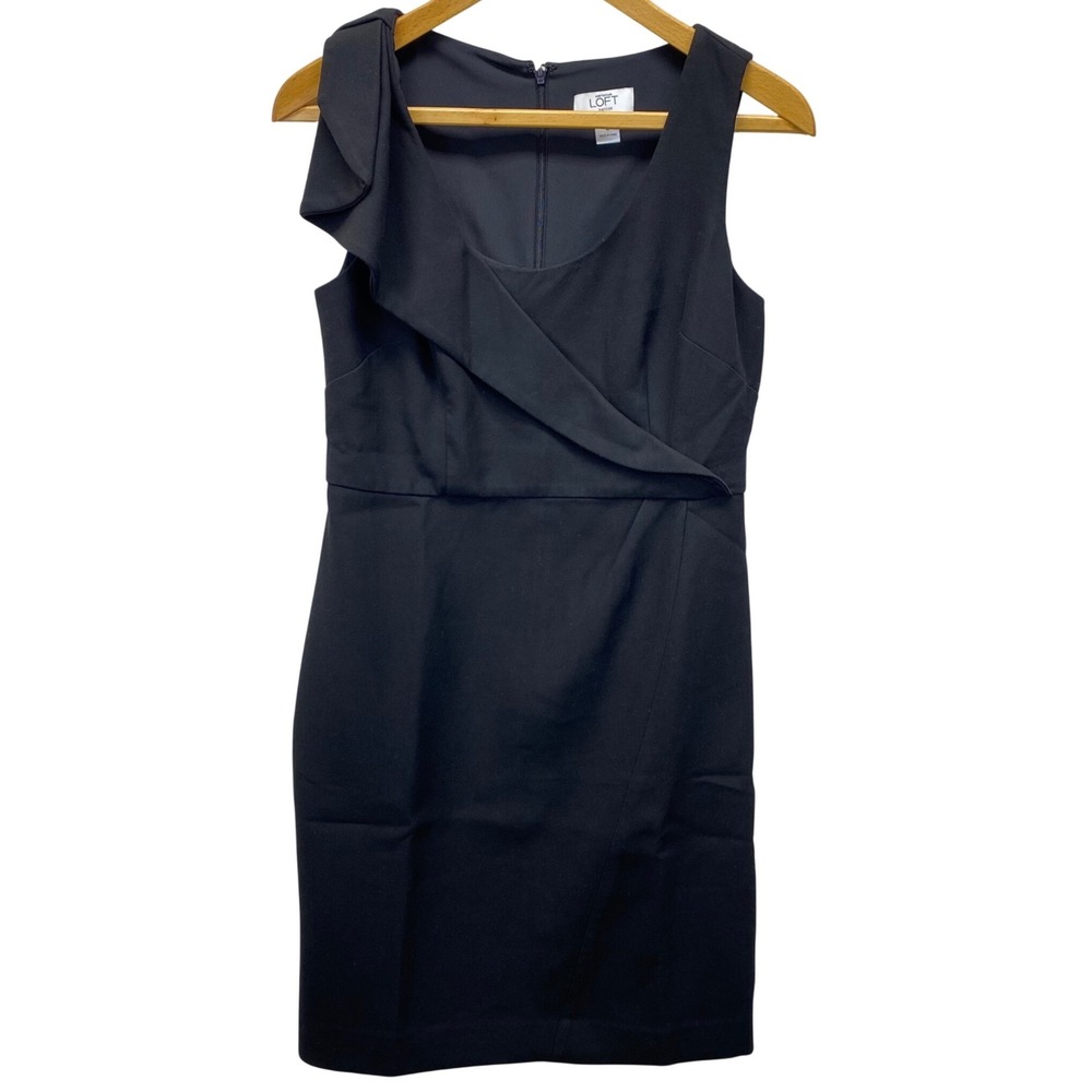 Ann Taylor Loft Dress Womens 4P Black Ruffle Neck Sleeveless Sheath Petite LBD